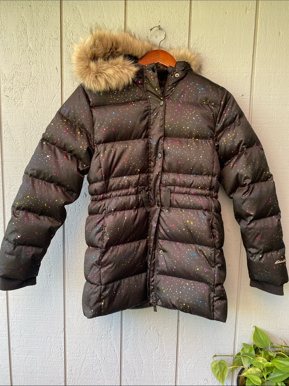 Eddie Bauer Black Down Puffer Coat with Faux Fur Hood and Multicolor Speckle